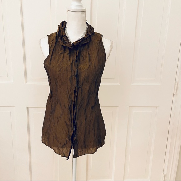 Lafayette148 metallic bronze brown sleeveless button up shirt 4 - Picture 3 of 7